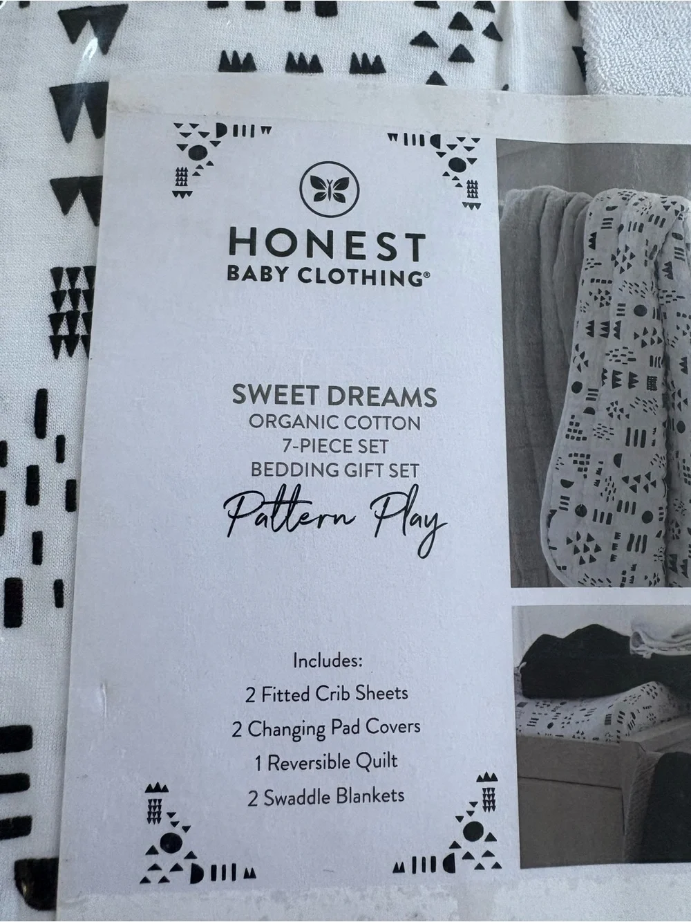 7pc SET HONEST ORGANIC COTTON White & Black Patterned Baby Bedding Set